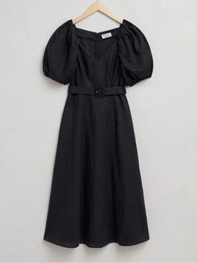 & Other Stories Women's 8 Midi Dress Black 100% Linen Puff Sleeve Belted NWT